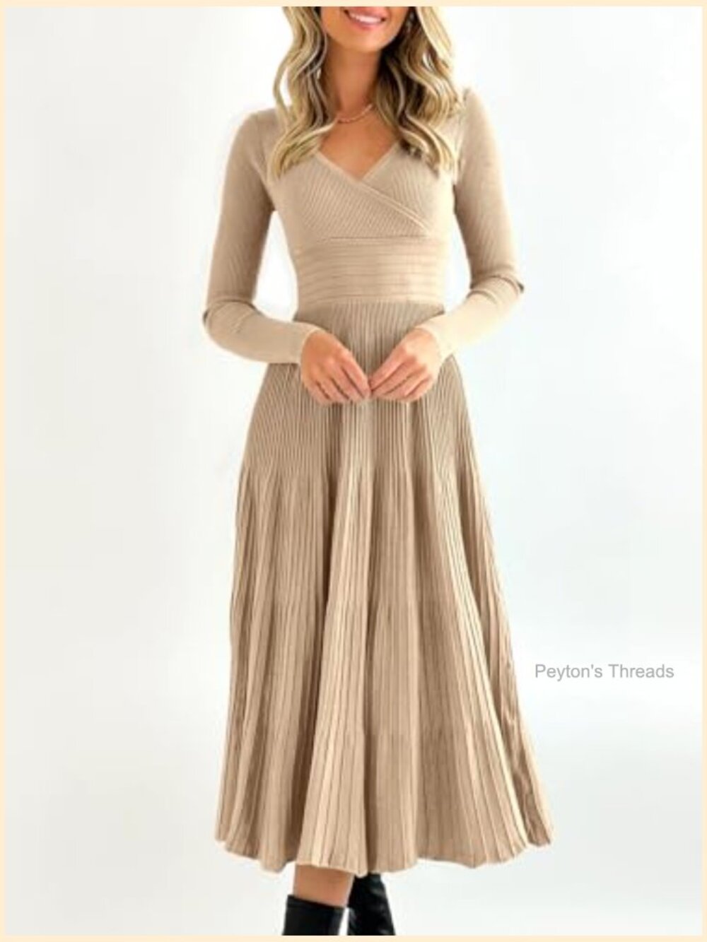 Long Sleeve Midi Sweater Dress Wrap V Neck Pleated A Line Fit Flare Knit Maxi - Picture 4 of 7